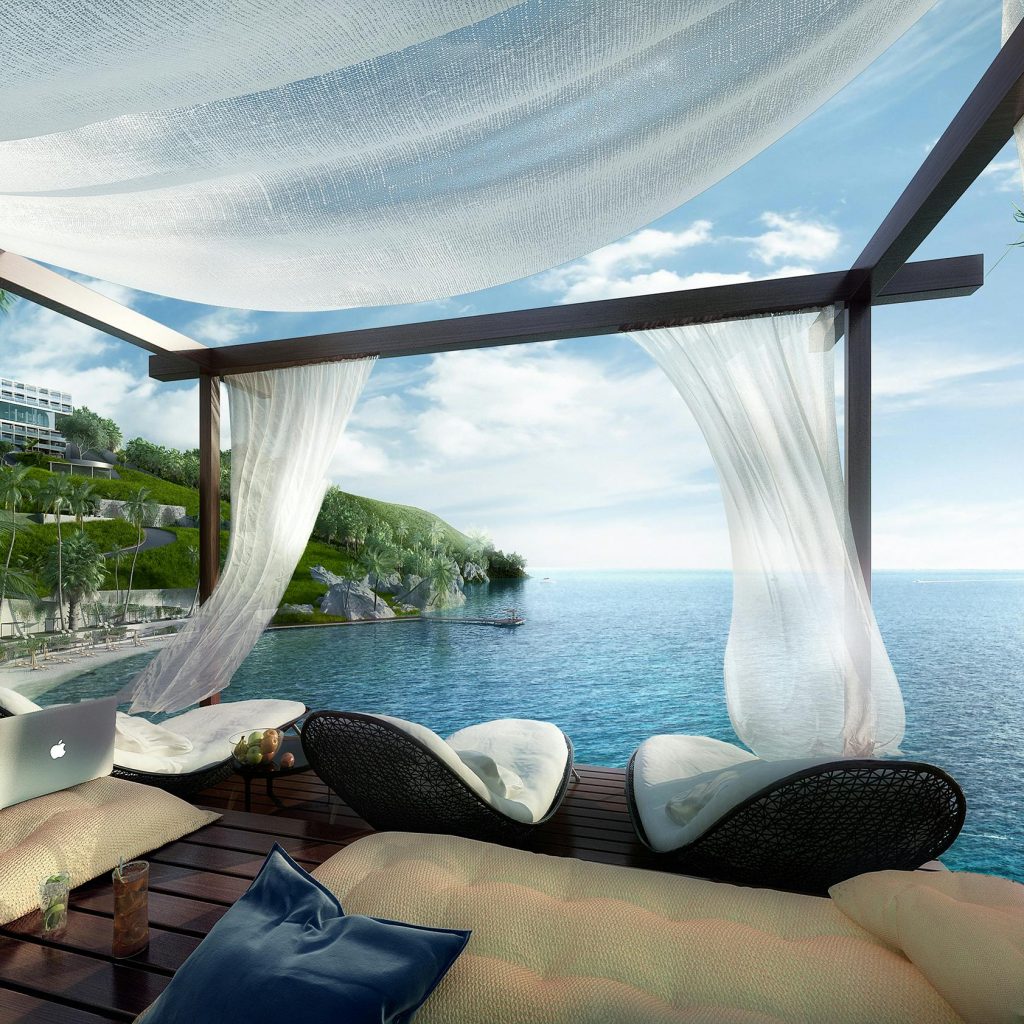 Oceanfront cabana in Bodrum with stunning sea views, ideal for luxury vacation stays and remote work, accessible via Bodrum VIP transfer services.