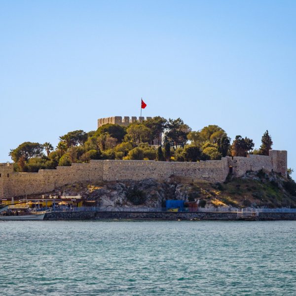 Kusadasi Castle on Pigeon Island in Turkey, surrounded by the Aegean Sea.